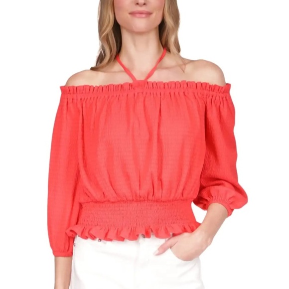 NWT MICHAEL Michael Kors
Smocked Long Sleeve Blouson Top Color:Geranium - Picture 1 of 9
